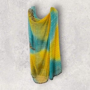Gold and Turquoise Net Dupatta Scarf Embroidered Flowers sequins beads jewels